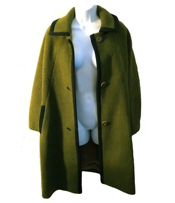 Olive Green Boiled wool Austrian Loden Raglan Sleeve Coat Black trim Horn Button - Image 1 of 4