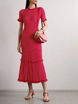 $995 Altuzarra Womens Red Delpini ruffled striped ribbed Midi Dress Medium M - Image 1 of 4
