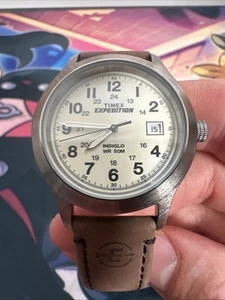 Timex Expedition T49825 Watch Indiglo WR 50M Cream Dial Date Leather - Picture 1 of 10