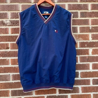 Vintage Am Player Men’s Golf Vest Size L Navy Blue Red Trim V-Neck Pullover - Image 1 of 4