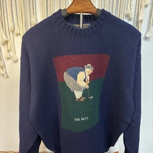 VTG Brooks Brothers Shetland Wool Intarsia The Putt Golfer Navy Crew Sweater Med - Picture 1 of 13