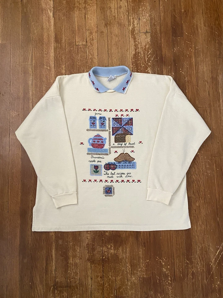 Vintage 90s Cottagecore Center Logo Graphic Collared Grandma Sweatshirt 2XL - Image 1 of 4