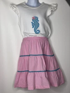 Shrimp and Grits Kids 2-pc outfit girls 7-8 Tank Skirt Seahorse Gingham Pink - Picture 1 of 4