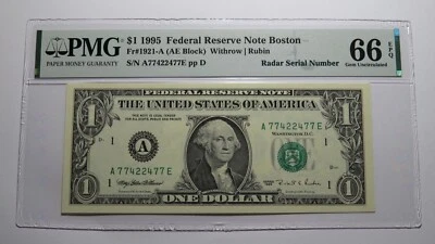 $1 1995 Radar Serial Number Federal Reserve Currency Bank Note Bill PMG UNC66EPQ - Image 1 of 3