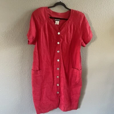 Vintage John Roberts Midi Dress Women's 16 Red 100% Linen Button Up 80s Modest - Image 1 of 4
