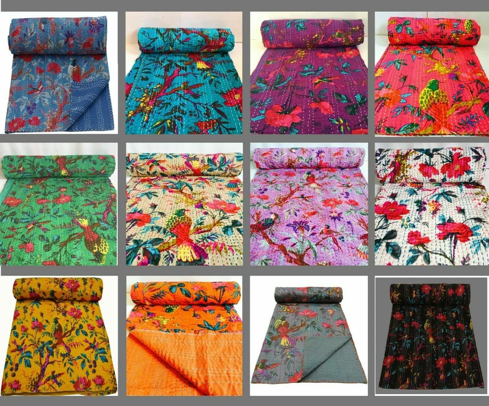 Indian Handmade Kantha Quilt Throw Reversible Bedspread Vintage Cotton Birds - Image 1 of 1