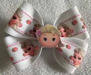 Girls Hair Bow 4" Wide Frozen White Pink Elsa Tsum Tsum Flatback French Barrette - Picture 1 of 3