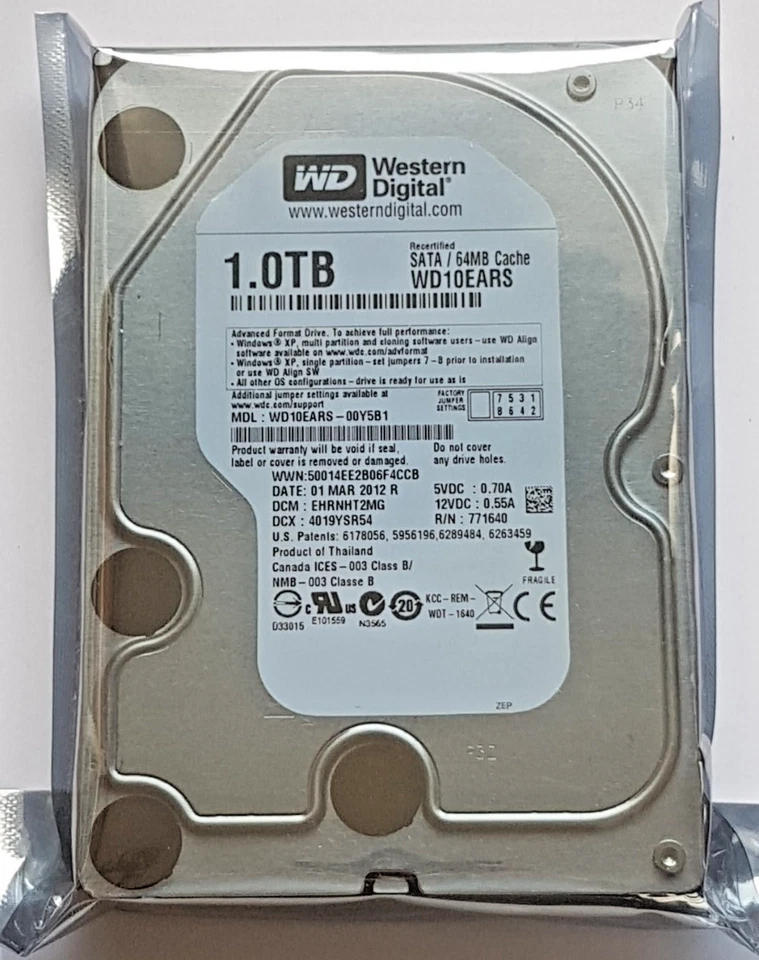 1 TB SATA Western Digital WD10EARS-00Y5B1 5400rpm 3.5 " Hard Drive Recertified - Image 1 of 1