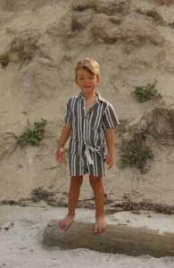 NWT LITTLE BIPSY - Camp Shirt Linen Shorts in Charcoal Stripe Size 7-8 Year - Picture 1 of 5