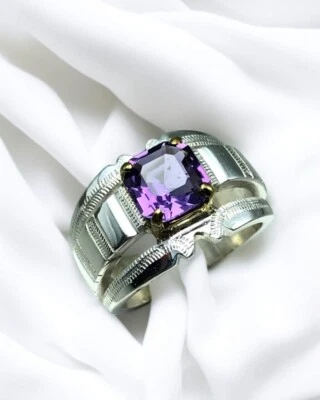 Anillo de amatista natural unisex de plata 925 Art Deco para hombre y mujer Foto 1 de 4