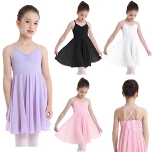 Kids Girls Cross Back Camisole Leotard Chiffon Ballet Dress Dance Wear Costumes - Picture 1 of 54