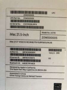 EMPTY BOX ONLY Apple iMac 21.5" A2116. Including Styrofoam, 