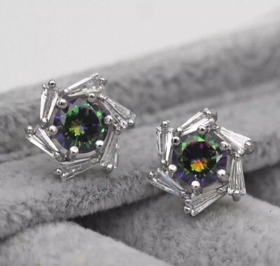 Nuevos aretes de oro blanco de 18 quilates rellenos de 7 mm circonita cúbica redonda mística con halo molino de viento Foto 1 de 4