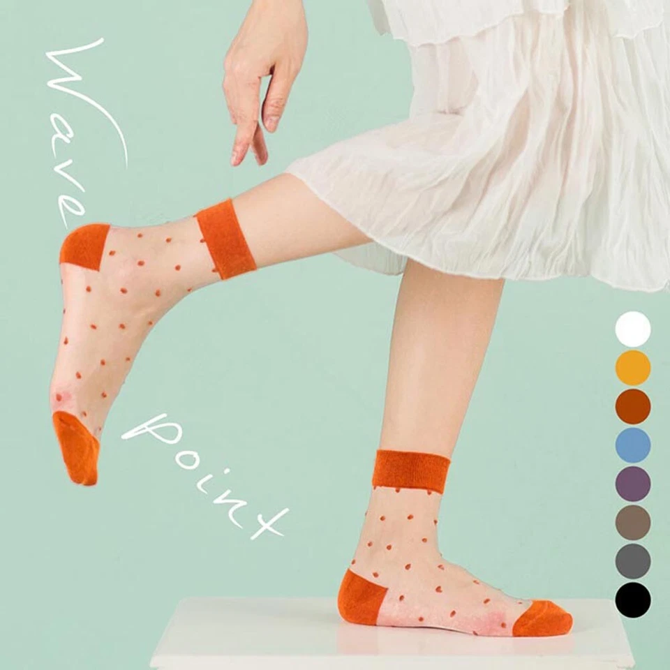 Women's Silk Mesh Lace Sheer Polka Dot Socks Silky Glitter Short Ankle Stocking✲ - Image 1 of 4