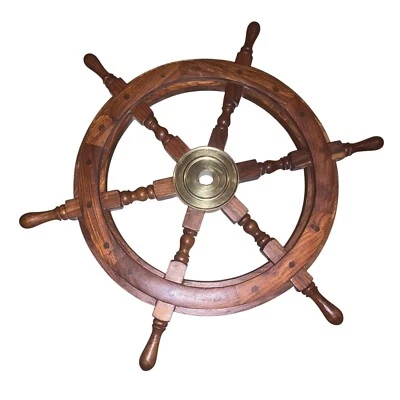 24" Authentic Wooden Steering Ship Wheel Pirate Vintage Boat Brass Dark Wood - Image 1 of 4