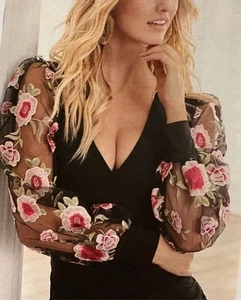 Venus schwarz Surplice Top Bluse groß bestickt transparente Ärmel Blumen Cinched - Bild 1 von 10