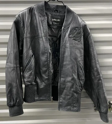 Chaqueta Marc Buchanan Pelle Pelle Talla 10 Cuero Negro Bordado Moto Bomber Foto 1 de 4