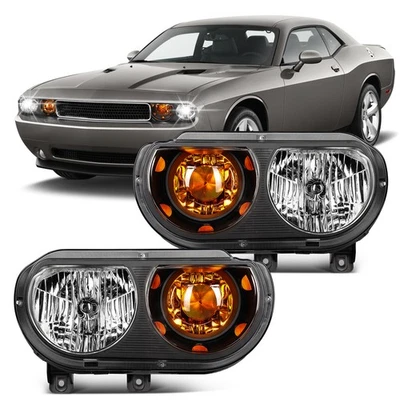 Pair For 2008-2014 Dodge Challenger Headlights Assembly Black Housing w/Amber - Image 1 of 4