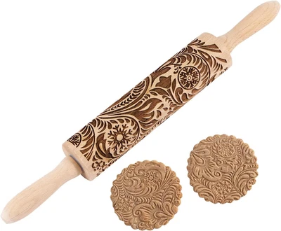 Embossed Wooden Rolling Pin for Baking, Deep Engraved Embossing Rolling Pin with - Image 1 of 4