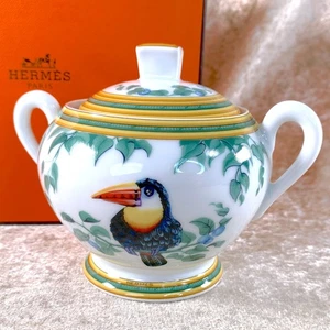 Hermes Sugar Bowl Olla Tucanes Tucán Pájaro Verde Blanco Porcelana Vajilla con Caja - Imagen 1 de 16