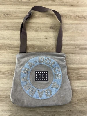Dolce & Gabbana DG Shoulder Bag Beige Suede Denim Logo Patch Tote Purse - Image 1 of 4