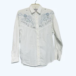 At Last White Beaded Embroidered Button Up Blouse Fairycore Cottagecore Sz M - Picture 1 of 6