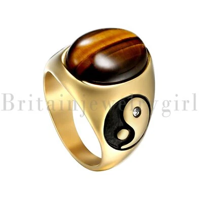 Anillo de boda de acero inoxidable YINGYANG BAGUA piedra ojo de tigre para hombre talla 7-13 Foto 1 de 4