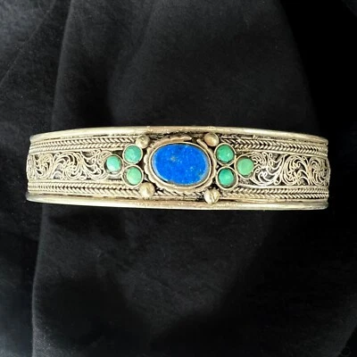 Brazalete Brazalete Filigrana Plata Turquesa y Azul Lapislázuli Dragón Grabado Chino De Colección Foto 1 de 4