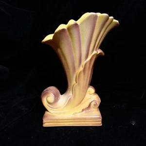 Vintage Pottery Vase Yellow and Purple Scroll Fan Cornucopia Planter  - Picture 1 of 11