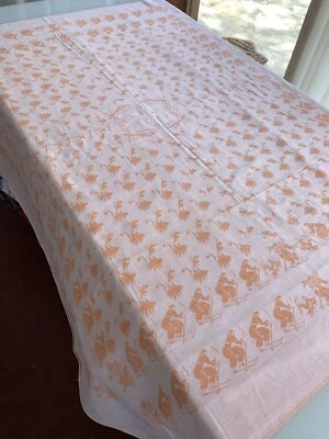 Vintage Nappe en coton saumon et rose avec skieurs en damassé/4033PO2 - Photo 1/4