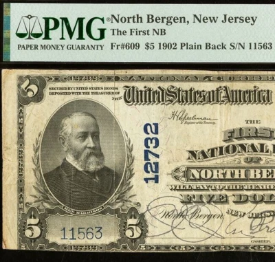 1902 $5 National Bank North Bergen, New Jersey CH# 12732 - PMG 25 Top Pop 1/0 - Image 1 of 4