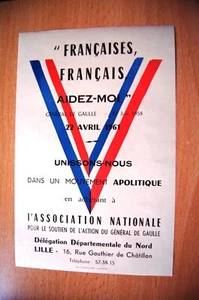 TRACT ADHESION SOUTIEN au GENERAL DE GAULLE 04 1961 Délégation NORD LILLE - Foto 1 di 1