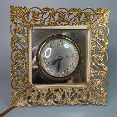 Vtg Gold Filigree Ormolu Hollywood Regency Vanity Boudoir Clock WORKING Matson Cover