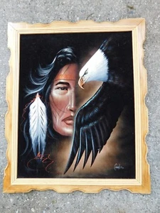 GORGEOUS VINTAGE LARGE INDIAN BRAVE W/BALD EAGLE BLACK VELVET PAINTING - Picture 1 of 8