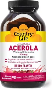 Country Life Chewable Acerola Berry Flavor Vitamin C Complex 500 mg 90 Wafers - Picture 1 of 9