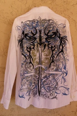 Eighty-Eight Men's White raised sword graphic Long Sleeve Button up Shirt sz L - Image 1 of 4