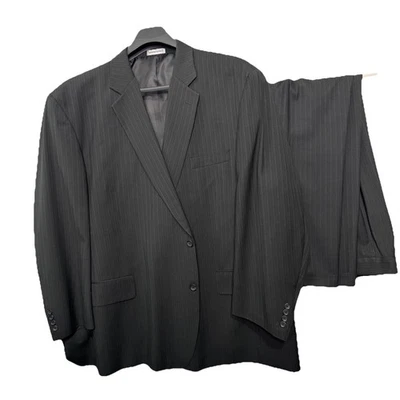 Big & Tall 男式 2 件套西装夹克 62R 正装裤子 60W 30L,黑色细条纹 — 第 1/4 张图片