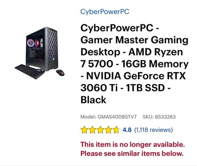 Computadora de escritorio para juegos CyberPowerPC AMD Ryzen 7 5700 3,7 GHz 16 GB RAM 1 TB SSD RTX 3060Ti Foto 1 de 4