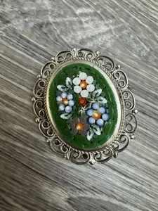 Vintage Italian Micro Mosaic Silver tone Rose Flower Brooch Pin Bin C - Afbeelding 1 van 2