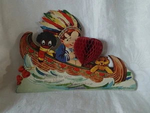 Vintage Germany Diecut Honeycomb VALENTINE'S DAY Card Boy In Canoe - Picture 1 of 8