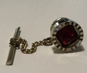 Vtg Garnet Red Tie Tack Pin Emerald Cut Lapel Jacket Hat Goldtone Wedding Formal - Picture 1 of 5