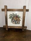 Vintage Embroidered Birdhouse Picture Pine Needles With Wooden Vintage Frame