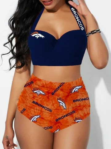 Denver Broncos Womens 2PCS Halter Swimsuit Beach Low Cut High Waisted Bikini Set Cover