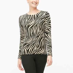 NEW J. Crew Womens Teddie Cotton Knit Sweater Crewneck Zebra Black Khaki M NWT - Picture 1 of 4