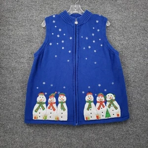 Hampshire Studio Vest Womens 1X Plus Blue Full Zip Christmas Sweater Snowman - Picture 1 of 11