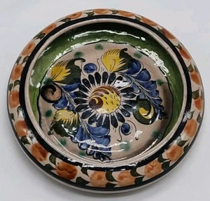TONALA MEXICAN HAND PAINTED FLORAL SHALLOW TRINKET DISH BOWL ASHTRAY SIGNED CAT - Picture 1 of 9