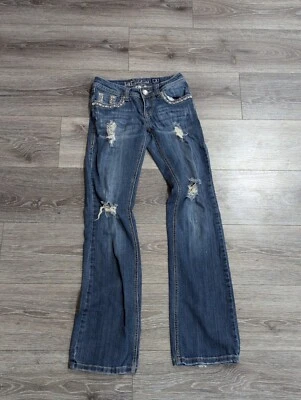LA Idol Bootcut Women Size 3 (28x34) Embellished Flap Pocket Denim Blue Jeans - Image 1 of 4