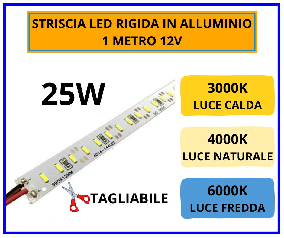 Barra Striscia a Led Rigida 12volt 1 mt 25w 3000 4000 6000k IP20 - Immagine 1 di 1