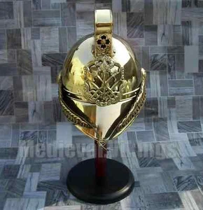 Brass Vintage Style Collectible Chief British Fireman Helmet W/ Wooden Stand - Picture 1 of 5