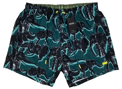 Men's HUGO BOSS Green Black + Elephants Swim Trunks Swimsuit L Large NWT NEW - Image 1 of 4